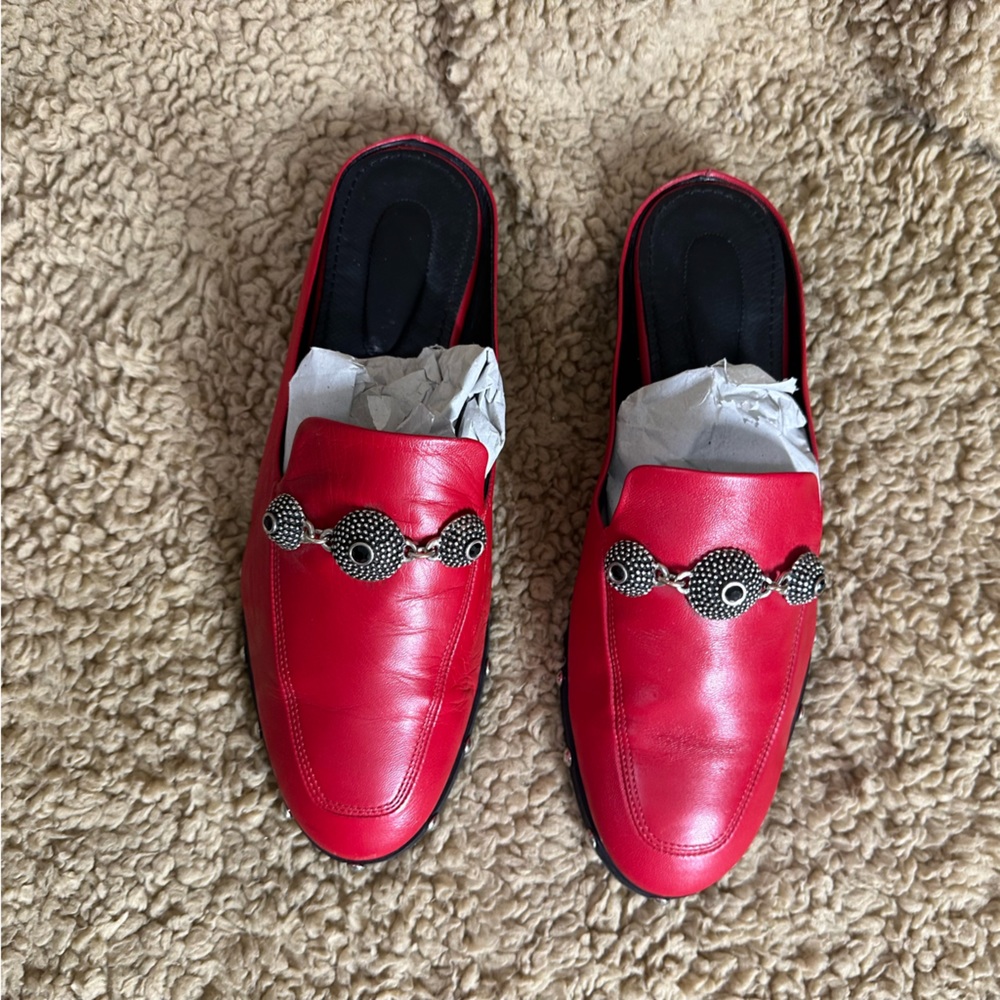Womens The Kooples Red Leather Mule With Studded Wood Heel Size 37